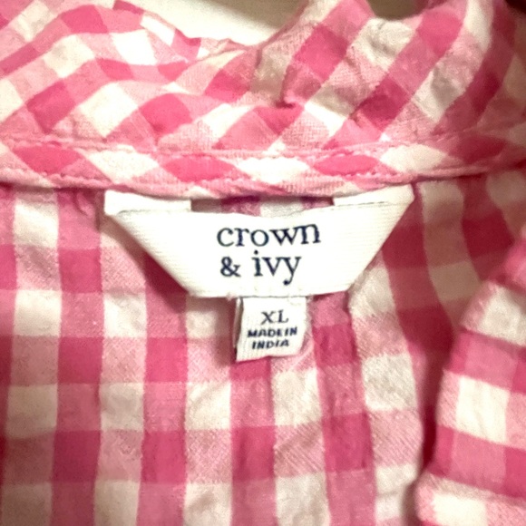 Crown & Ivy Pink Gingham Sleeveless Ruffle Neck Blouse XL - Picture 2 of 4